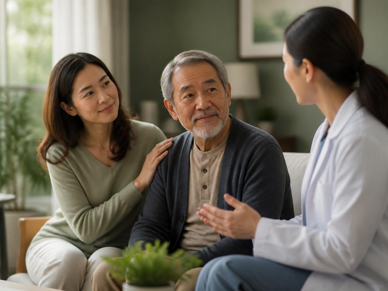 A family member sitting with a relative while speaking to a clinician during a consultation