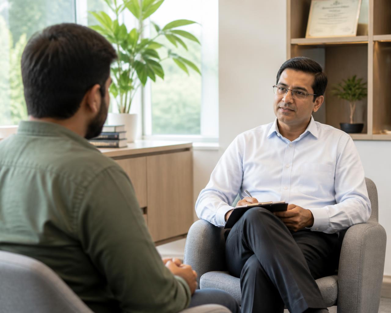 A psychiatrist in conversation with a patient during a private consultation at a Hyderabad clinic